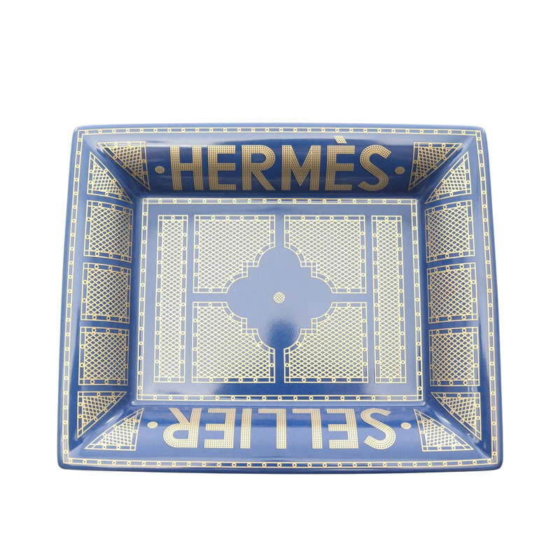 HERMES Vid Poche 愛馬仕 Sellier 托盤陶器藍金二手中性-0