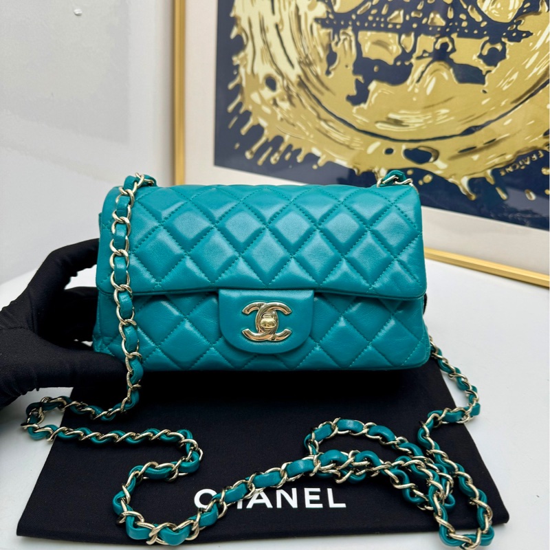 【閒置❤️】 Chanel  CF mini大迷你 湖水藍綠色羊皮淺金扣 單肩斜挎包-0