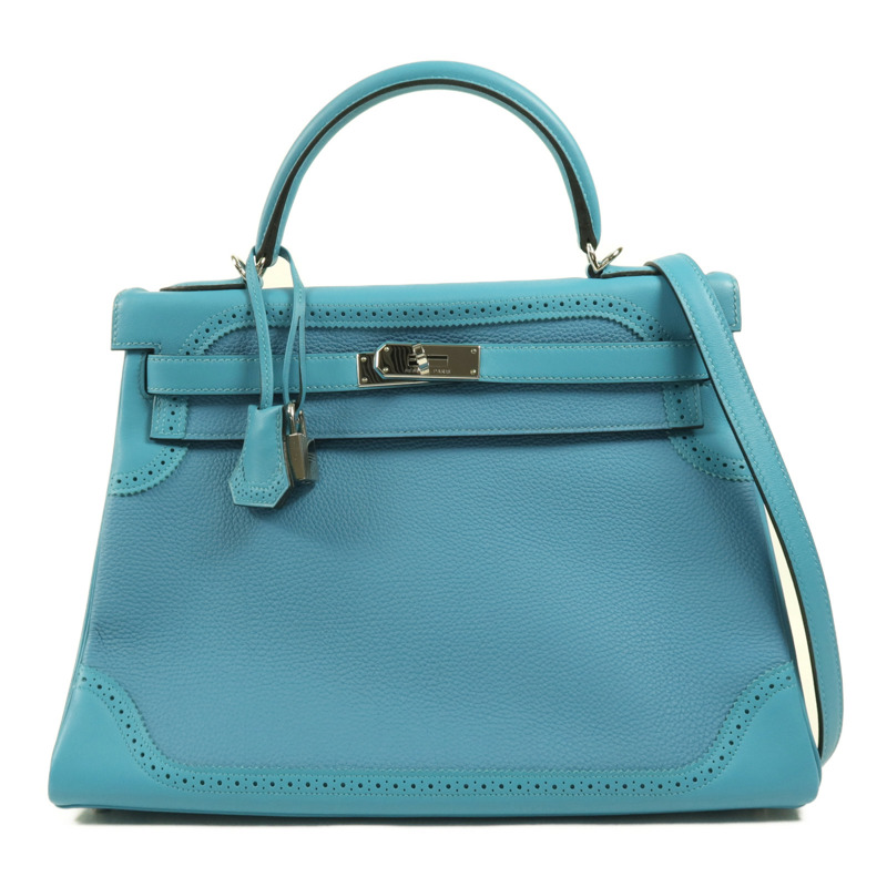 HERMES Togo皮革/Swift皮革Kelly Ghillies 32銀扣手挽肩背兩用袋Turquoise-0