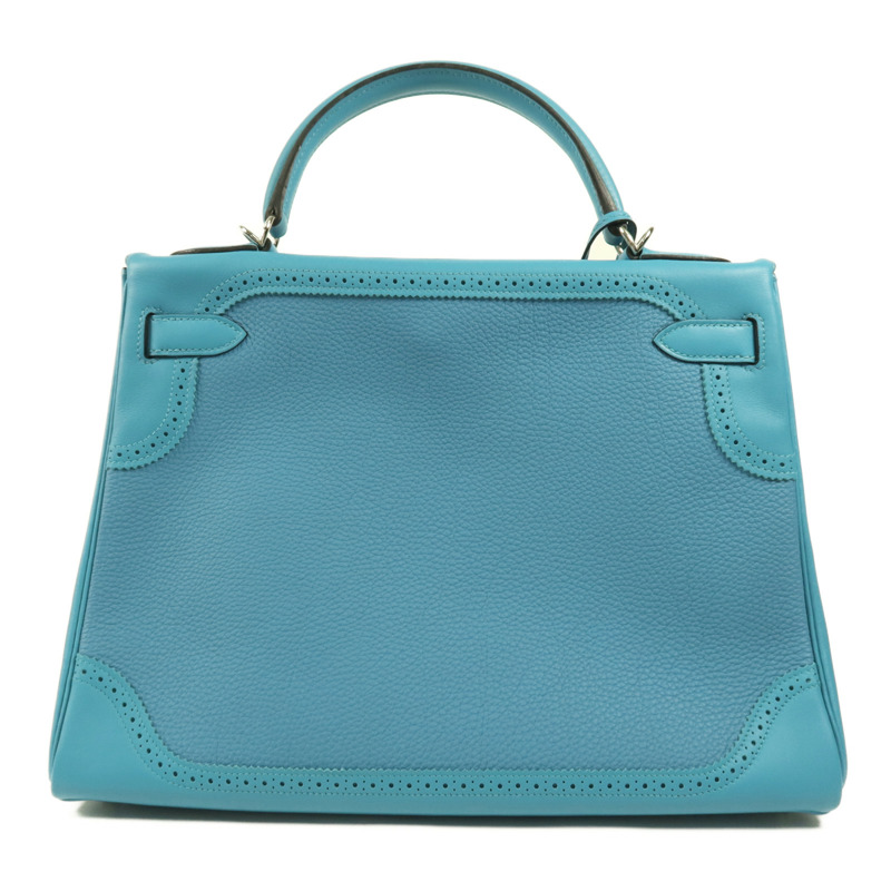 HERMES Togo皮革/Swift皮革Kelly Ghillies 32銀扣手挽肩背兩用袋Turquoise-1