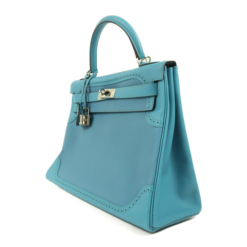 HERMES Togo皮革/Swift皮革Kelly Ghillies 32銀扣手挽肩背兩用袋Turquoise-2