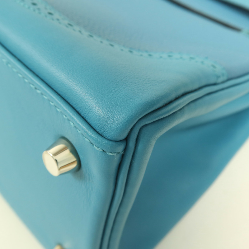 HERMES Togo皮革/Swift皮革Kelly Ghillies 32銀扣手挽肩背兩用袋Turquoise-5