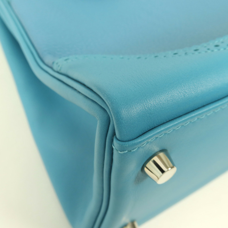 HERMES Togo皮革/Swift皮革Kelly Ghillies 32銀扣手挽肩背兩用袋Turquoise-6