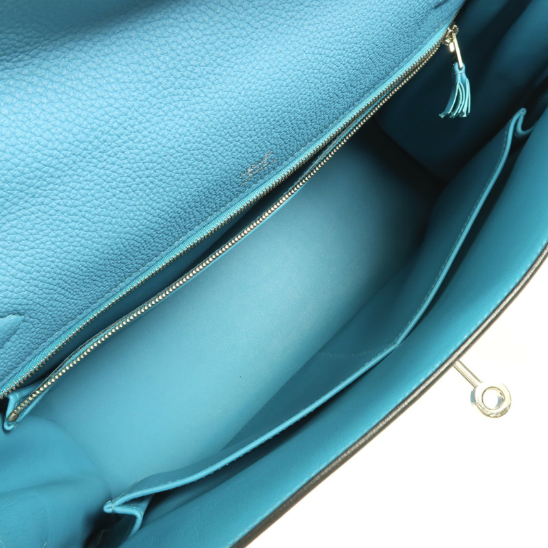 HERMES Togo皮革/Swift皮革Kelly Ghillies 32銀扣手挽肩背兩用袋Turquoise-10