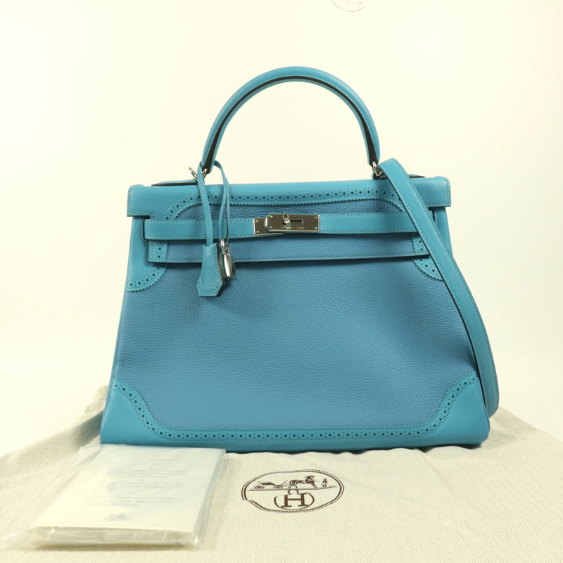 HERMES Togo皮革/Swift皮革Kelly Ghillies 32銀扣手挽肩背兩用袋Turquoise-13