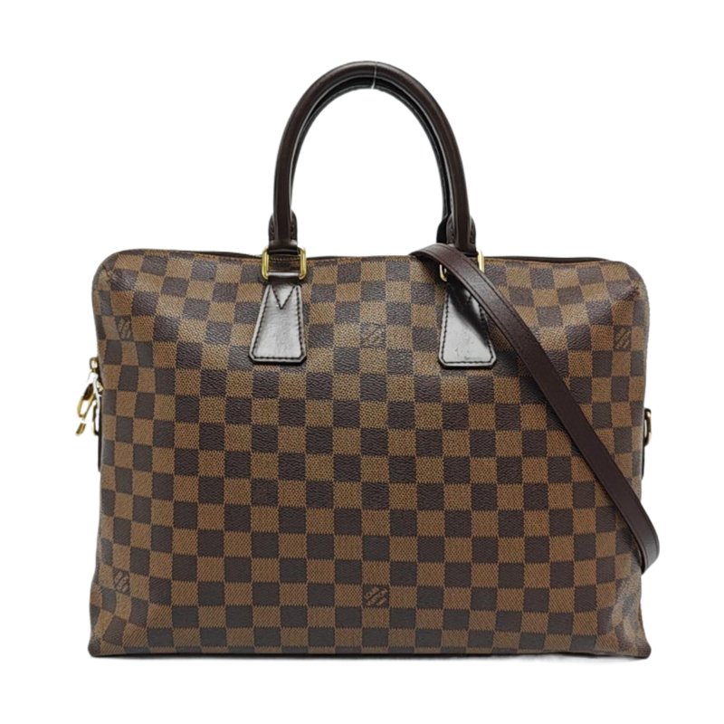 LOUIS VUITTON PORTE-DOCUMENTS 電腦公事包 棕色塗層帆布棋盤格手提包肩背包 金色五金-0