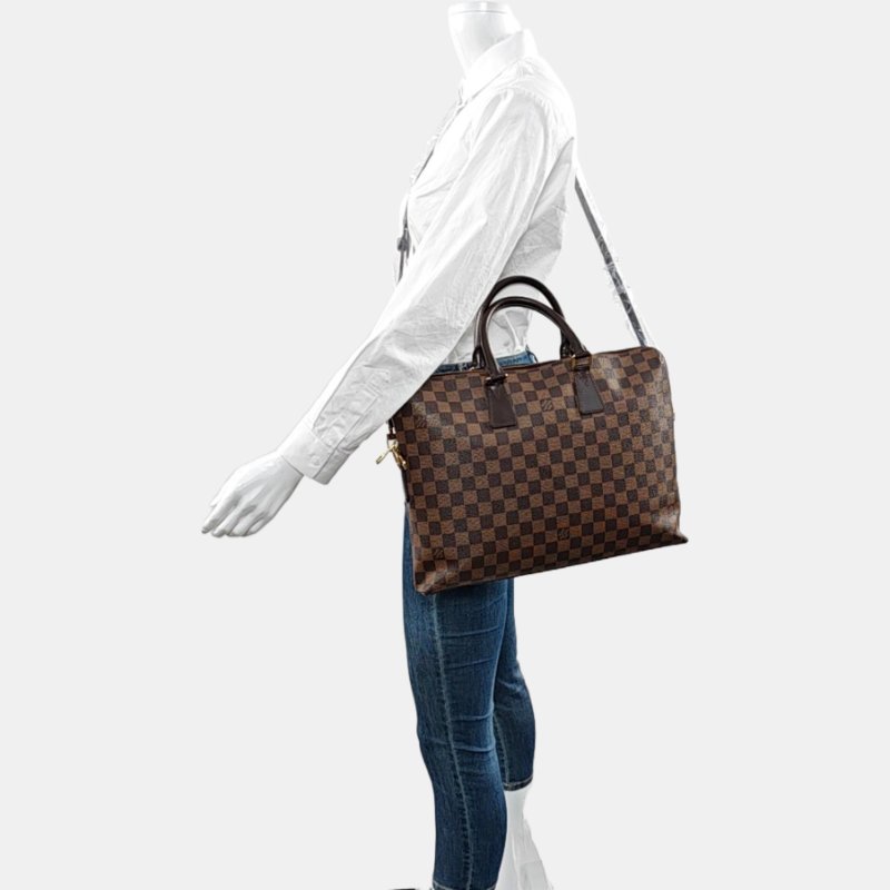 LOUIS VUITTON PORTE-DOCUMENTS 電腦公事包 棕色塗層帆布棋盤格手提包肩背包 金色五金-1