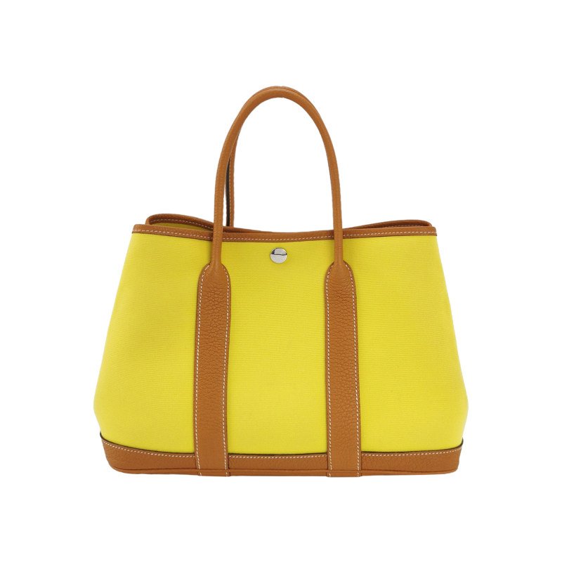 Hermes Garden Party花園包30手提包Negonda牛皮帆布銀扣9R酸橙黃37金棕A刻-0