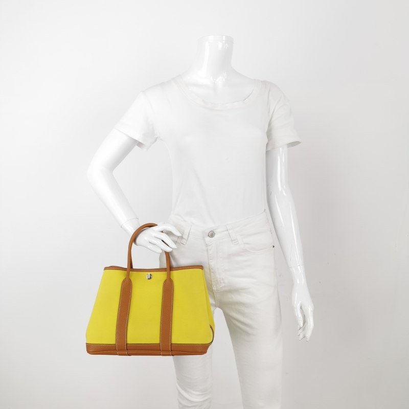 Hermes Garden Party花園包30手提包Negonda牛皮帆布銀扣9R酸橙黃37金棕A刻-1