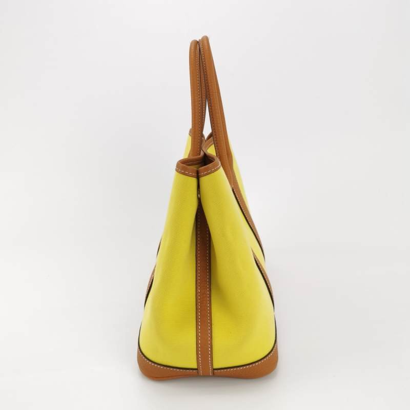 Hermes Garden Party花園包30手提包Negonda牛皮帆布銀扣9R酸橙黃37金棕A刻-2