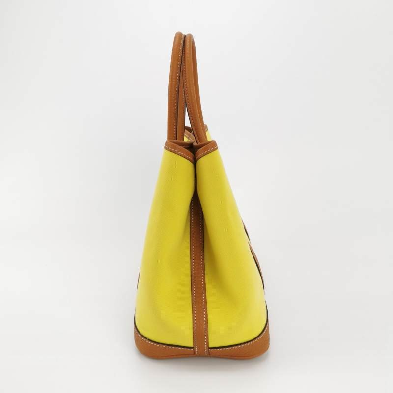 Hermes Garden Party花園包30手提包Negonda牛皮帆布銀扣9R酸橙黃37金棕A刻-3