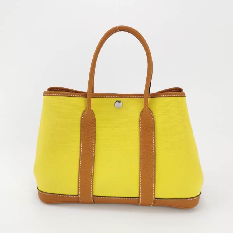 Hermes Garden Party花園包30手提包Negonda牛皮帆布銀扣9R酸橙黃37金棕A刻-4