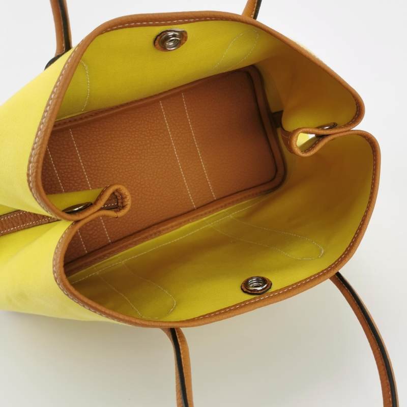 Hermes Garden Party花園包30手提包Negonda牛皮帆布銀扣9R酸橙黃37金棕A刻-6