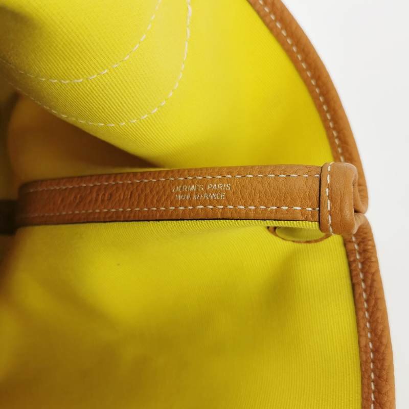 Hermes Garden Party花園包30手提包Negonda牛皮帆布銀扣9R酸橙黃37金棕A刻-7