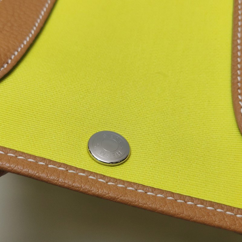 Hermes Garden Party花園包30手提包Negonda牛皮帆布銀扣9R酸橙黃37金棕A刻-10