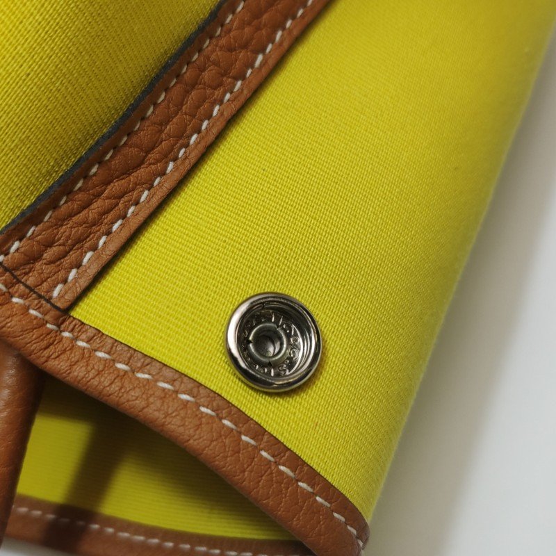 Hermes Garden Party花園包30手提包Negonda牛皮帆布銀扣9R酸橙黃37金棕A刻-11