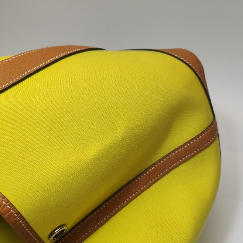 Hermes Garden Party花園包30手提包Negonda牛皮帆布銀扣9R酸橙黃37金棕A刻-18