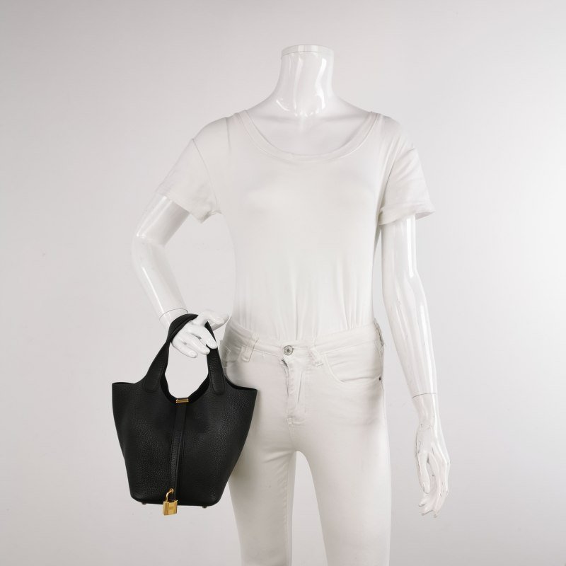 Hermes Picotin菜籃包18手提包Clemence(TC)牛皮金扣89黑色U刻 鑰匙缺失-1