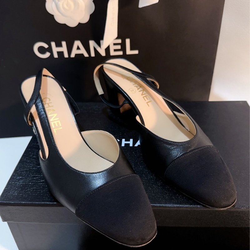香奈兒Chanel 經典後繫帶中跟娃娃鞋 黑色山羊皮95成新38.5號-7