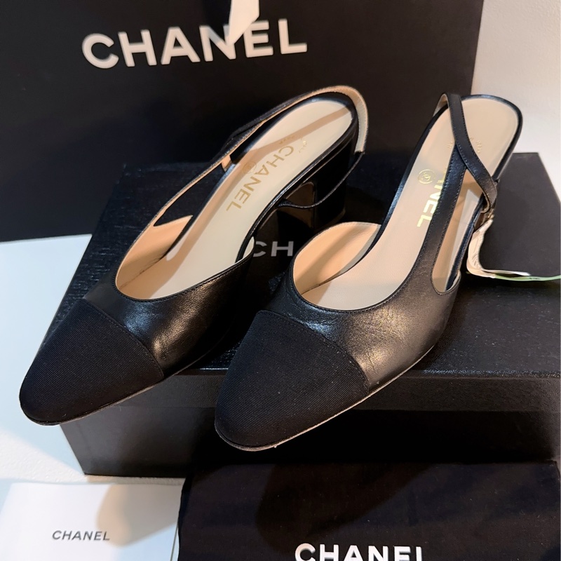 香奈兒Chanel 經典後繫帶中跟娃娃鞋 黑色山羊皮95成新38.5號-18