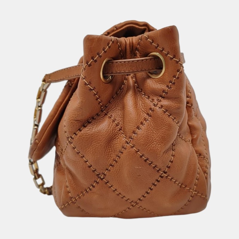 CHANEL 棕色牛皮菱格紋縫線斜挎包 金色五金-2