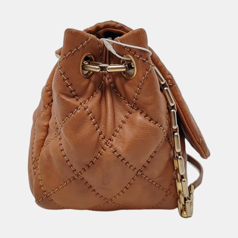 CHANEL 棕色牛皮菱格紋縫線斜挎包 金色五金-3