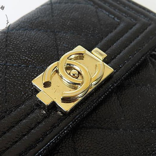【巴黎站二手名牌專賣店】*現貨*CHANEL 香奈兒 真品*經典BOY黑荔枝牛皮淡金雙C釦式三折短夾-4
