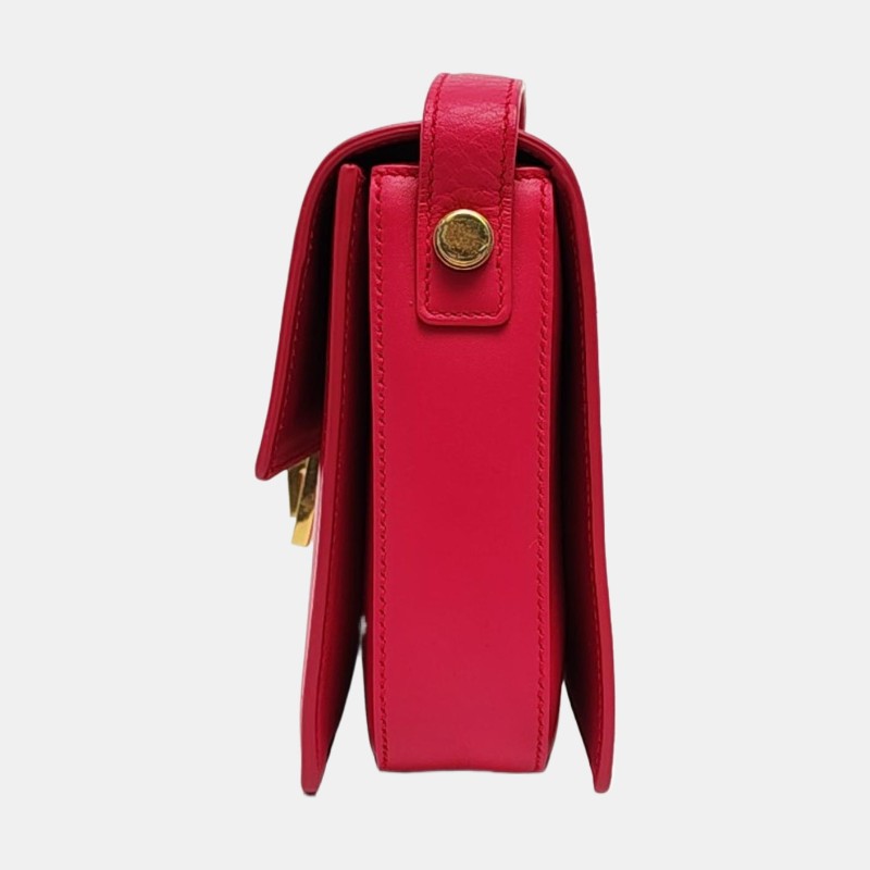 YSL DOMINO 玫紅色牛皮單肩包斜挎包 金色五金-2