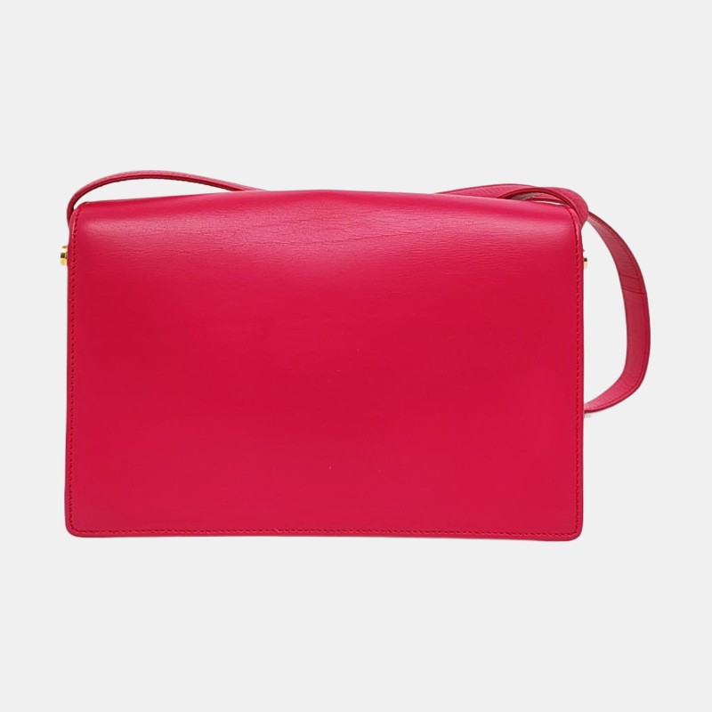 YSL DOMINO 玫紅色牛皮單肩包斜挎包 金色五金-4