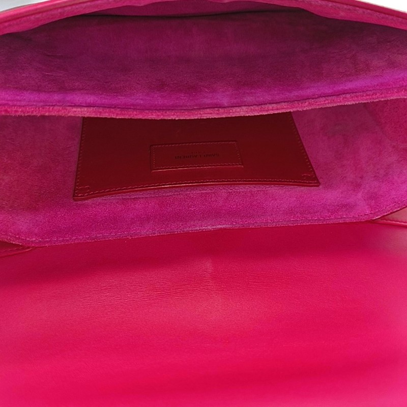 YSL DOMINO 玫紅色牛皮單肩包斜挎包 金色五金-6