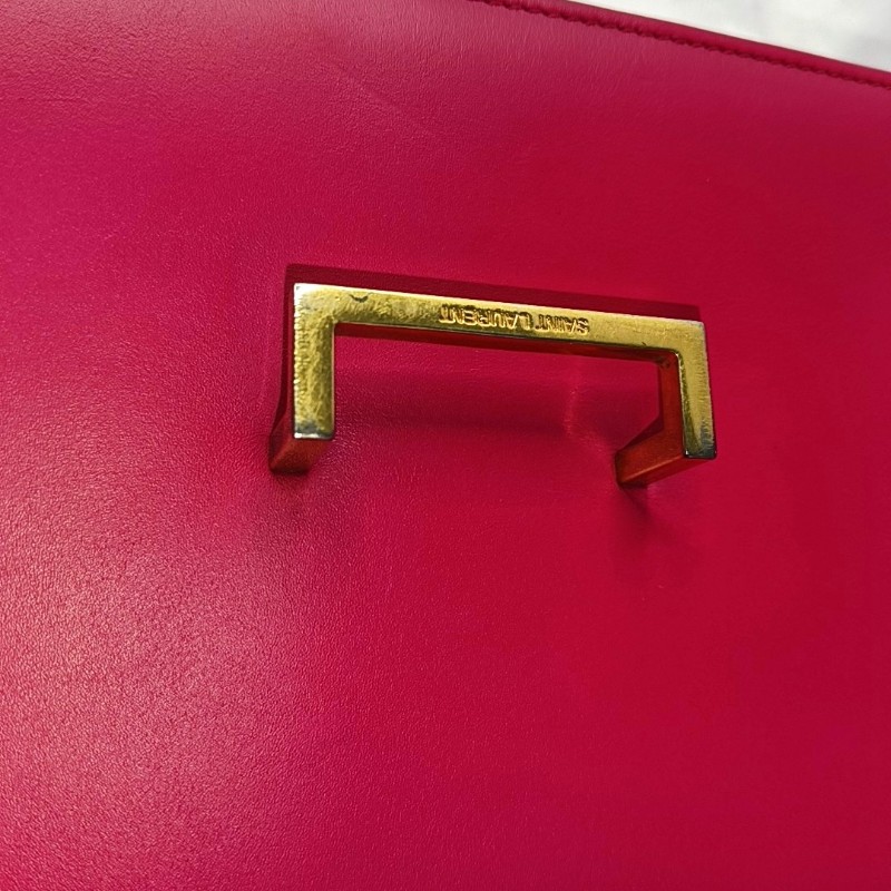 YSL DOMINO 玫紅色牛皮單肩包斜挎包 金色五金-8