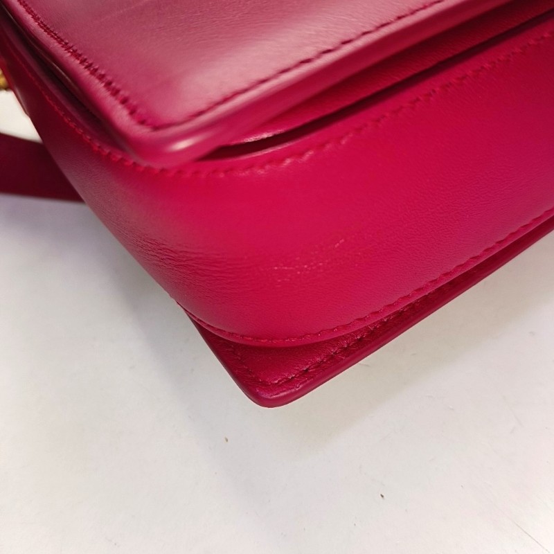 YSL DOMINO 玫紅色牛皮單肩包斜挎包 金色五金-12