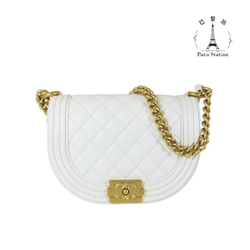 【巴黎站二手名牌專賣店】＊現貨＊CHANEL香奈兒真品＊AS3350白色菱格紋荔枝牛皮金色BOY半圓斜背包-0