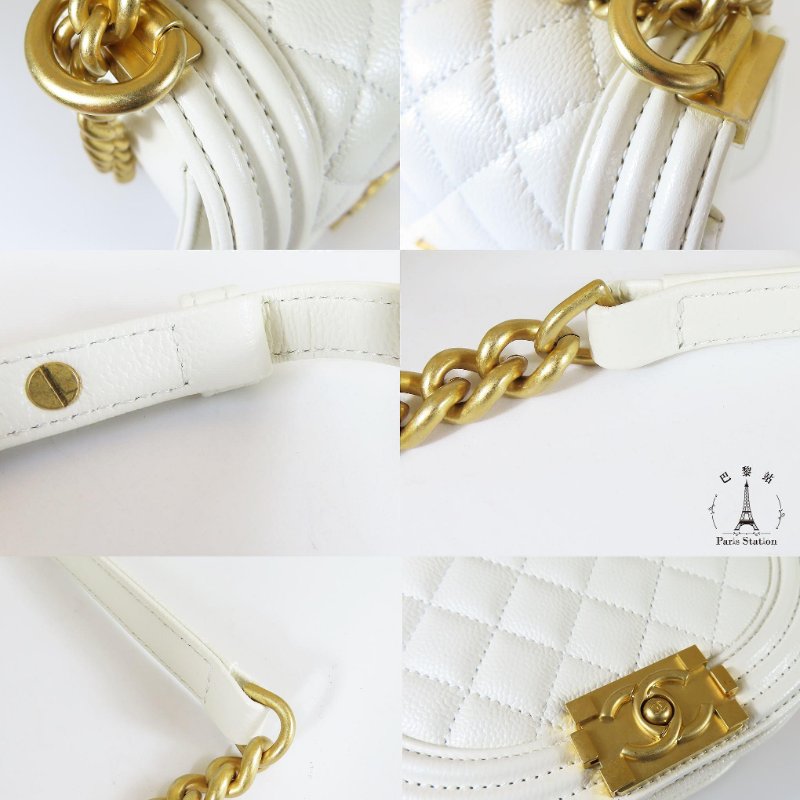 【巴黎站二手名牌專賣店】＊現貨＊CHANEL香奈兒真品＊AS3350白色菱格紋荔枝牛皮金色BOY半圓斜背包-5