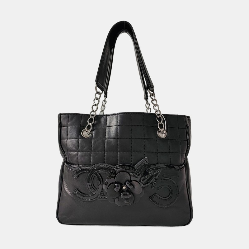 CHANEL DEAUVILLE 黑色羊皮拼貼手提包單肩包 黑色五金 10開 2條可拆卸肩帶-0