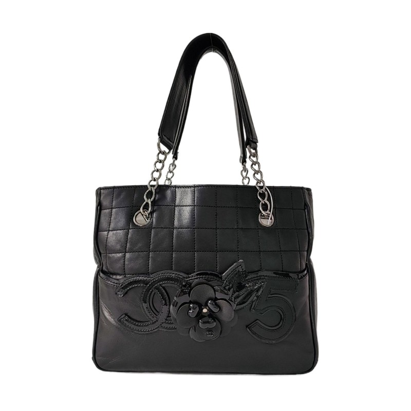 CHANEL DEAUVILLE 黑色羊皮拼貼手提包單肩包 黑色五金 10開 2條可拆卸肩帶-1