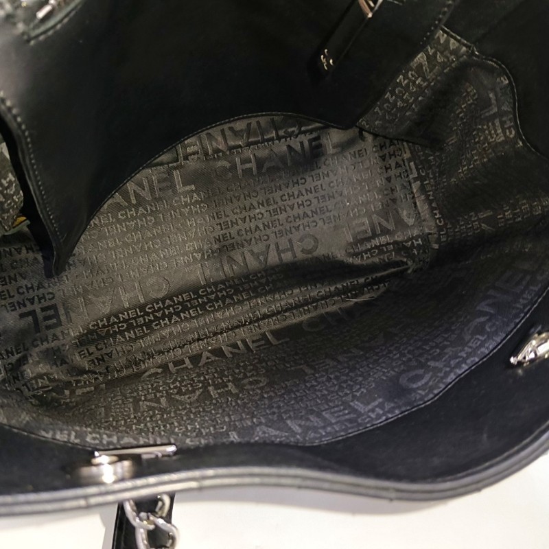 CHANEL DEAUVILLE 黑色羊皮拼貼手提包單肩包 黑色五金 10開 2條可拆卸肩帶-7