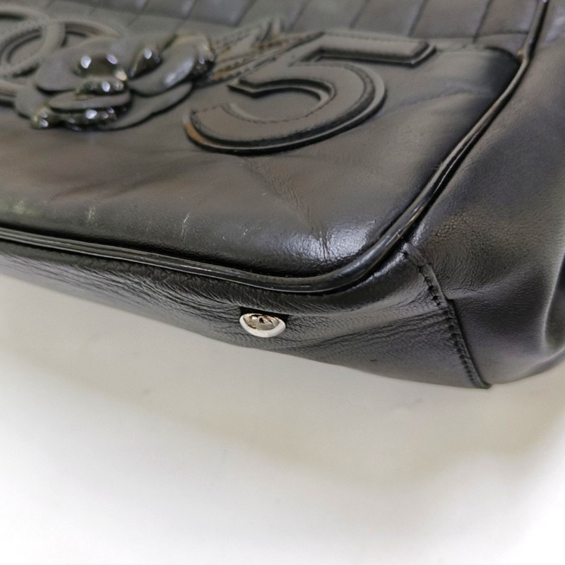 CHANEL DEAUVILLE 黑色羊皮拼貼手提包單肩包 黑色五金 10開 2條可拆卸肩帶-8