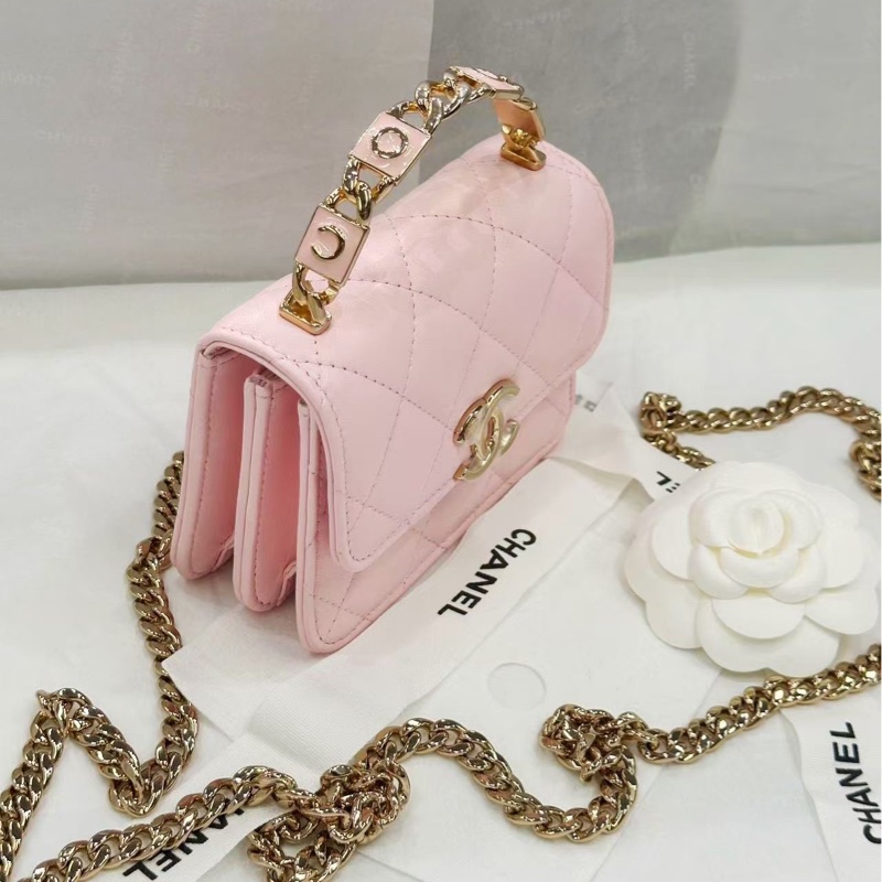 【配件：帶票帶卡大全套 💕】Chanel 22s 琺瑯手柄 小廢包 羊皮 淡粉色/櫻花粉 手提/斜挎包-1