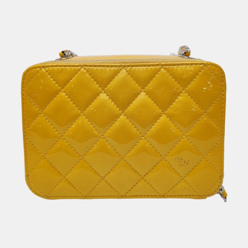 CHANEL 黃色漆皮萎格紋絎縫單肩包 銀色五金 20開-1