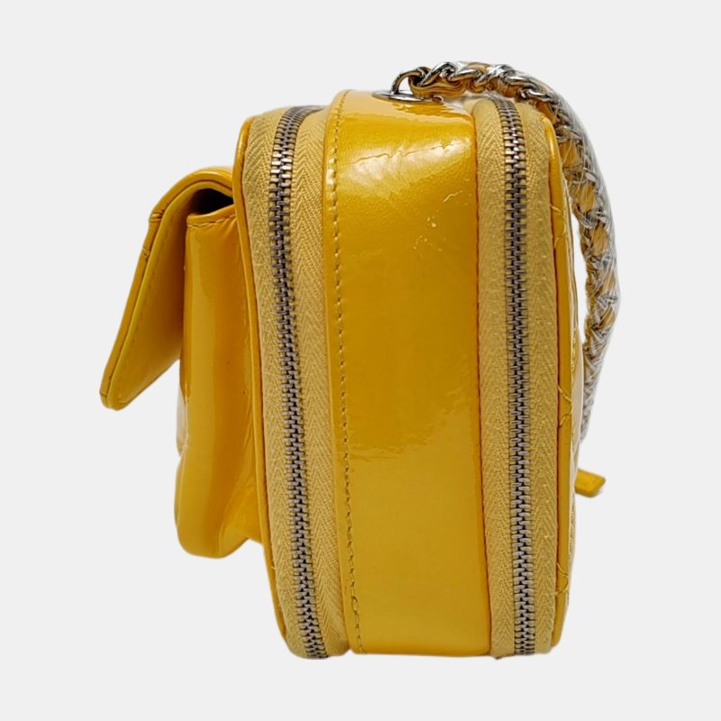 CHANEL 黃色漆皮萎格紋絎縫單肩包 銀色五金 20開-3