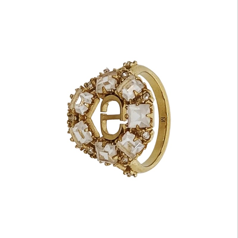 DIOR 歐碼53碼 金色合金人造水晶LOGO戒指-0