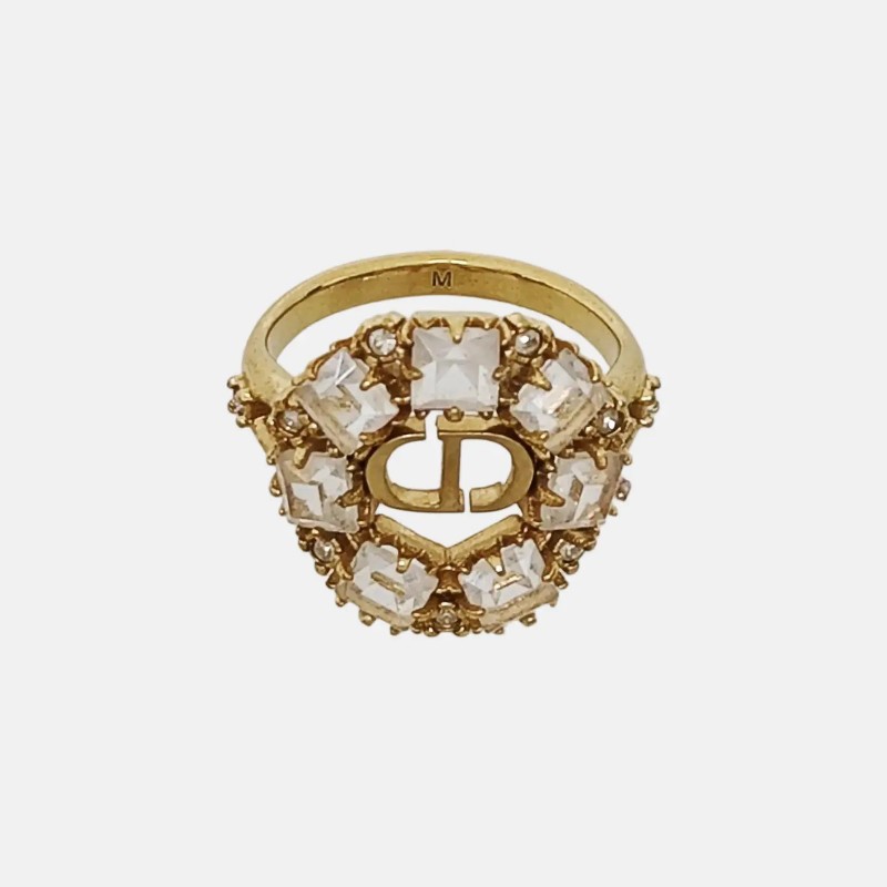 DIOR 歐碼53碼 金色合金人造水晶LOGO戒指-1