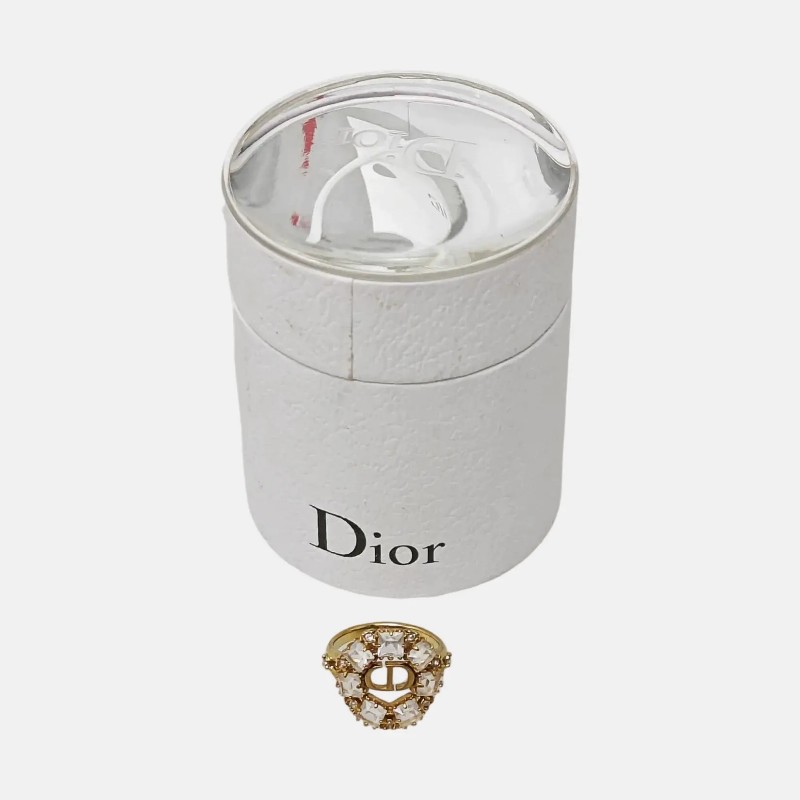 DIOR 歐碼53碼 金色合金人造水晶LOGO戒指-4