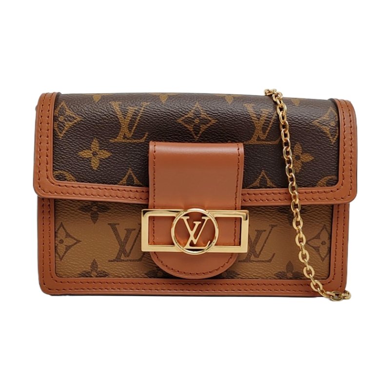 LOUIS VUITTON DAUPHINE WOC 棕色塗層帆布老花達芙妮斜背包單肩包 金色五金 可拆卸肩帶 配件齊全 9.9新-0