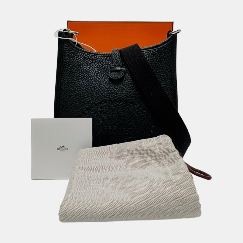 HERMES Evelyne TPM 黑色Clemence牛皮鏤空伊芙琳單肩包斜挎包 銀色五金 U刻 可拆卸肩帶 配件齊全 9.9新-7