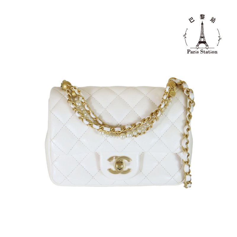 【巴黎站二手名牌專賣店】*現貨*CHANEL香奈兒真品*白色菱格紋小羊皮金色雙C珍珠提把手提斜背兩用鏈包-0