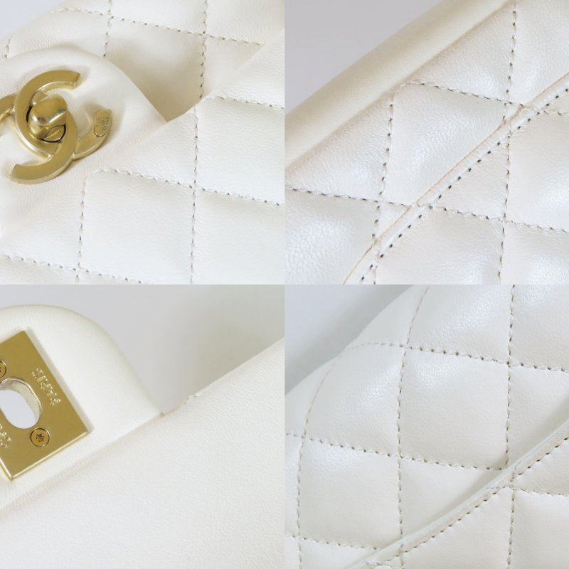 【巴黎站二手名牌專賣店】*現貨*CHANEL香奈兒真品*白色菱格紋小羊皮金色雙C珍珠提把手提斜背兩用鏈包-5