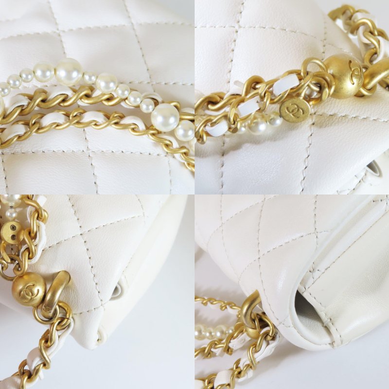 【巴黎站二手名牌專賣店】*現貨*CHANEL香奈兒真品*白色菱格紋小羊皮金色雙C珍珠提把手提斜背兩用鏈包-6