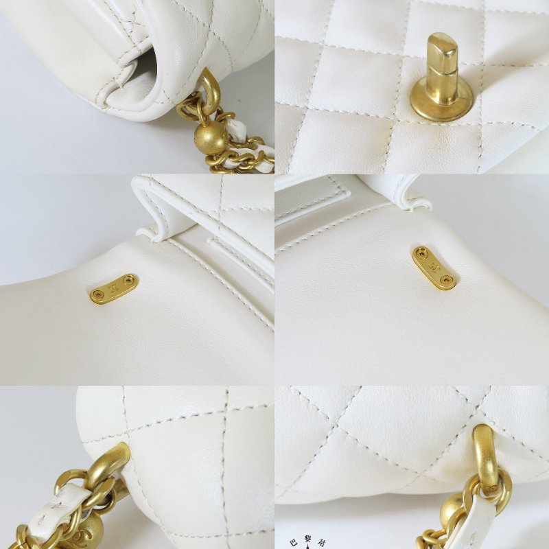 【巴黎站二手名牌專賣店】*現貨*CHANEL香奈兒真品*白色菱格紋小羊皮金色雙C珍珠提把手提斜背兩用鏈包-7